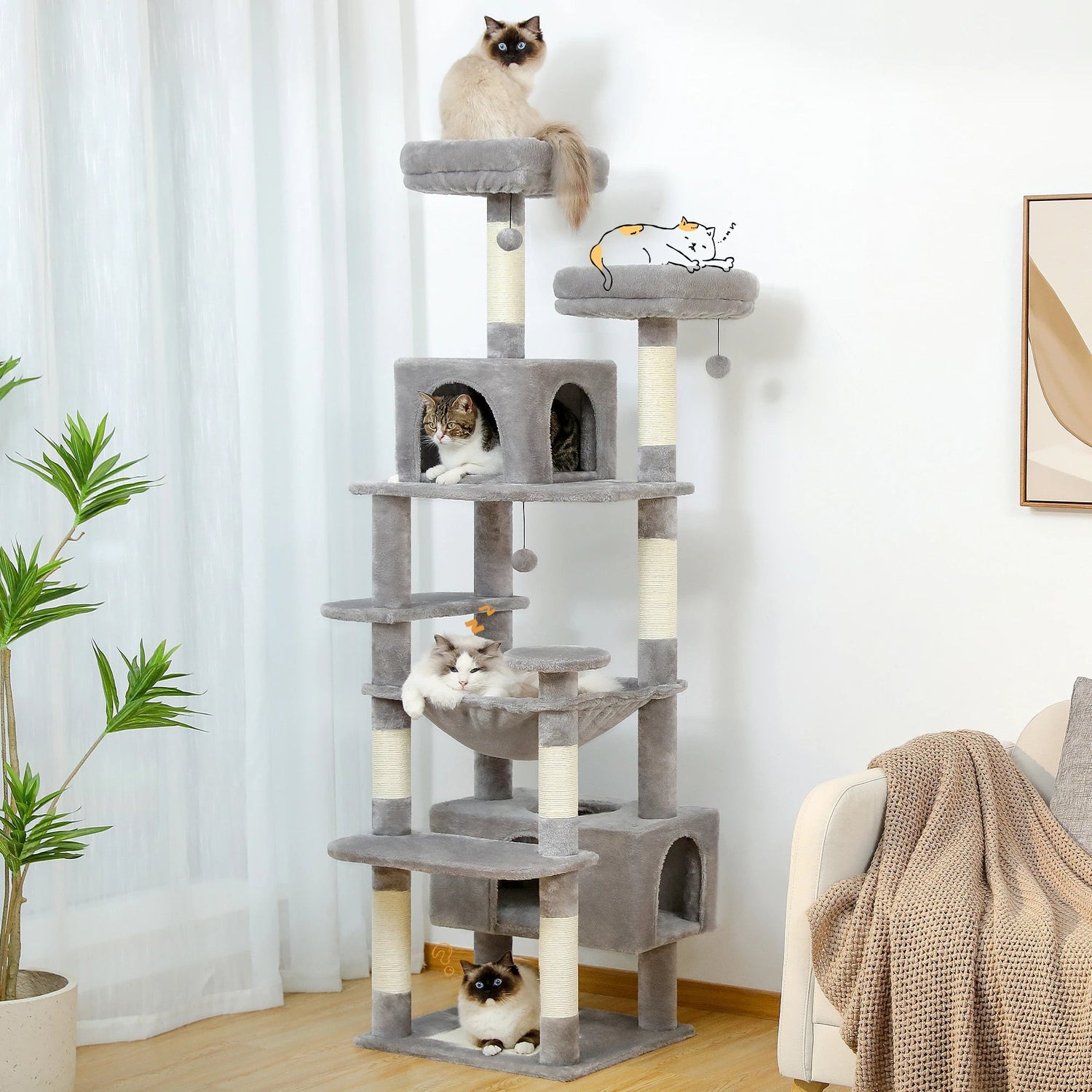 Large Cat Tree for Indoor Cats with Sisal-Covered Features