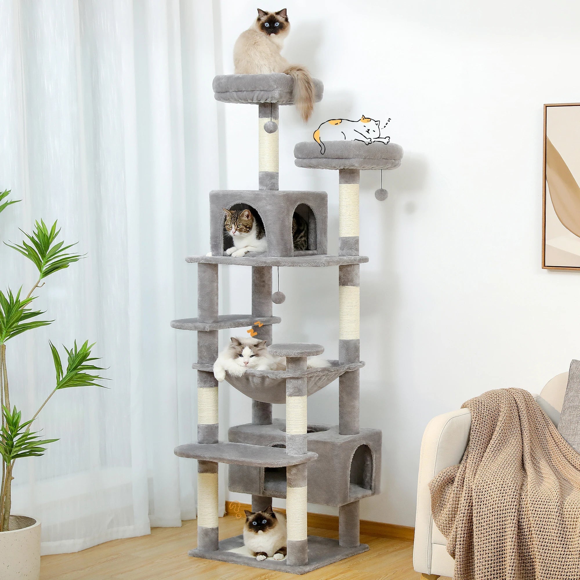 Large Cat Tree for Indoor Cats with Sisal-Covered Features