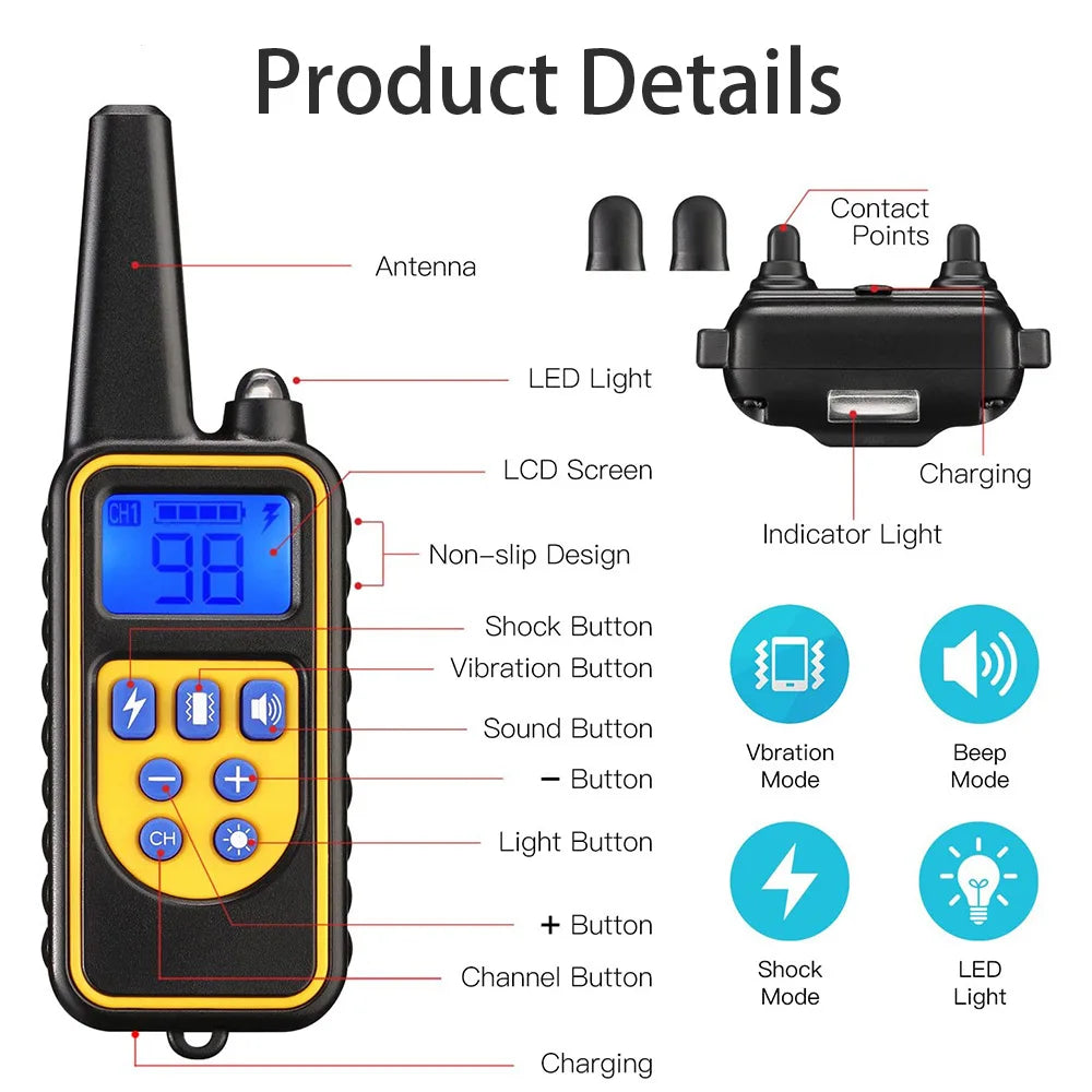 800m Digital Dog Training Collar Waterproof Rechargeable Remote Control Pet with LCD Display for All Size Shock Vibration Sound Brinira
