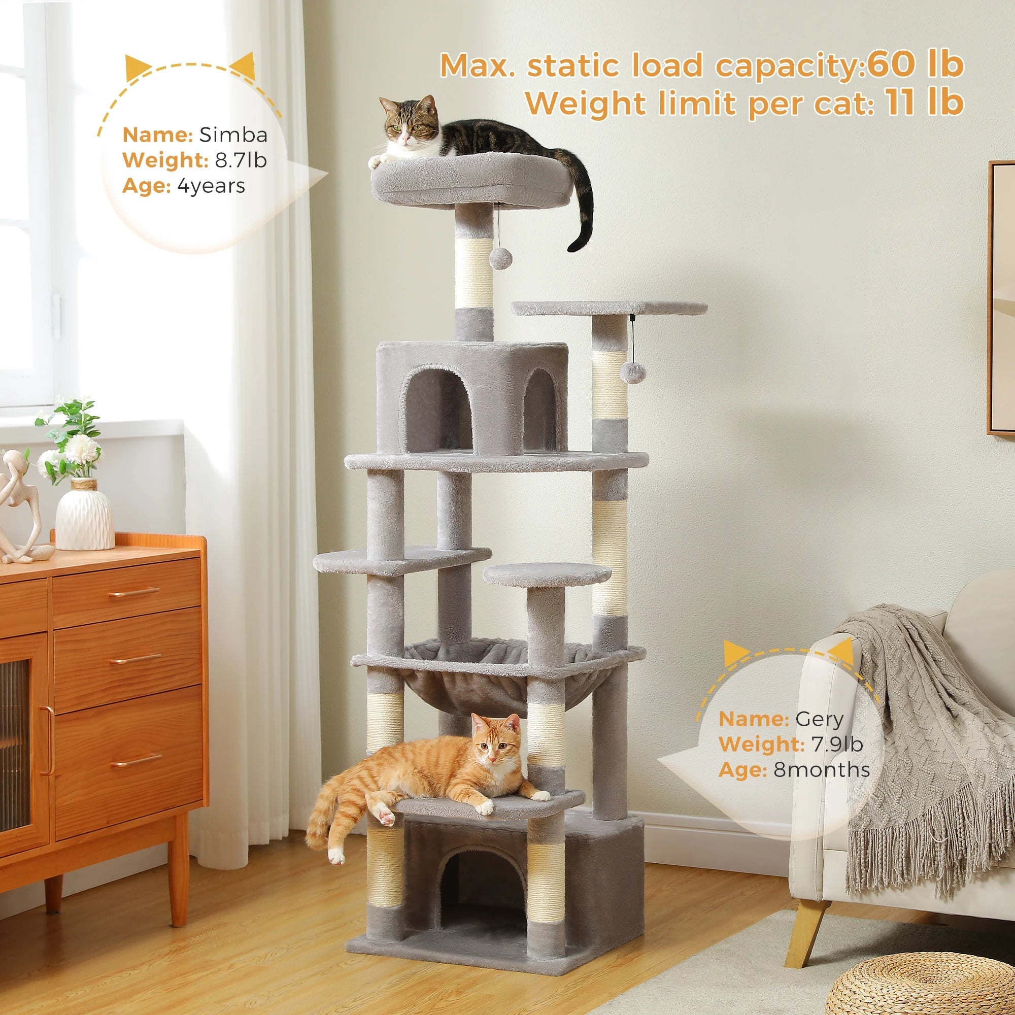 Large Cat Tree and Tower for Indoor Cats With Sisal-Covered Scratching Posts Spacious Hammock Padded Perches and Condos Cat Toys Brinira
